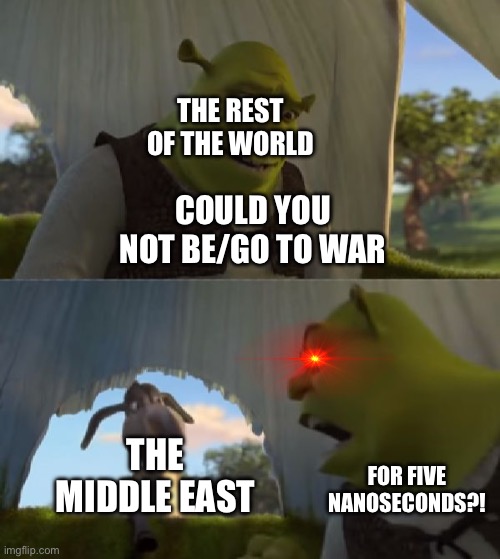 I feel really bad for everyone, especially the Jews who live there | THE REST OF THE WORLD; COULD YOU NOT BE/GO TO WAR; THE MIDDLE EAST; FOR FIVE NANOSECONDS?! | image tagged in could you not ___ for 5 minutes,middle east,war | made w/ Imgflip meme maker
