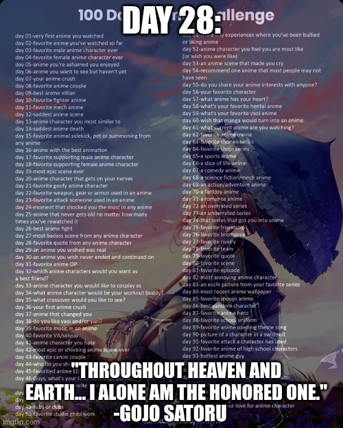 day 28 poor gojo :((( | DAY 28:; "THROUGHOUT HEAVEN AND EARTH... I ALONE AM THE HONORED ONE."; -GOJO SATORU | image tagged in 100 day anime challenge,jjk | made w/ Imgflip meme maker