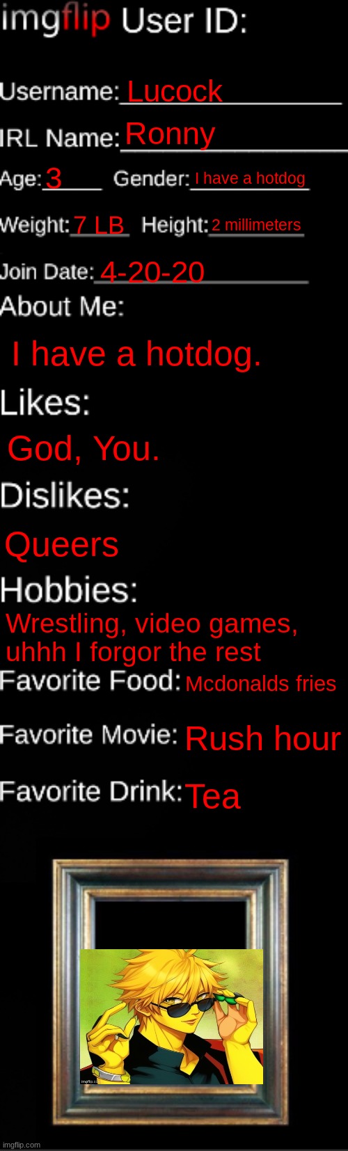 . | Lucock; Ronny; 3; I have a hotdog; 7 LB; 2 millimeters; 4-20-20; I have a hotdog. God, You. Queers; Wrestling, video games, uhhh I forgor the rest; Mcdonalds fries; Rush hour; Tea | image tagged in imgflip id card | made w/ Imgflip meme maker
