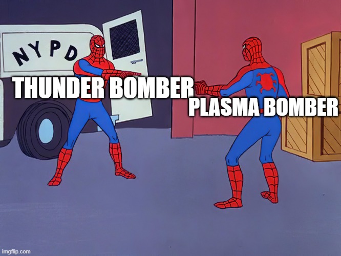 Two Spidermen pointing at each other | PLASMA BOMBER; THUNDER BOMBER | image tagged in two spidermen pointing at each other,true,lol,bomberman jetters,bomber shitennou | made w/ Imgflip meme maker