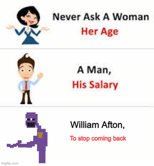 Purple Guy be like: | William Afton, To stop coming back | image tagged in never ask a woman her age,fnaf,purple guy,william afton | made w/ Imgflip meme maker