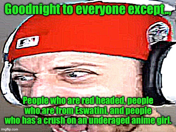 Disgusted | Goodnight to everyone except.., People who are red headed, people who are from Eswatini, and people who has a crush on an underaged anime girl. | image tagged in disgusted | made w/ Imgflip meme maker