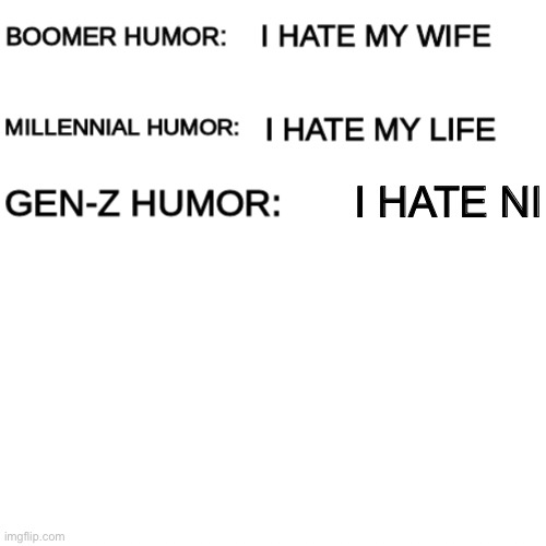 Boomer humor Millennial humor Gen-Z humor | I HATE NI | image tagged in boomer humor millennial humor gen-z humor | made w/ Imgflip meme maker
