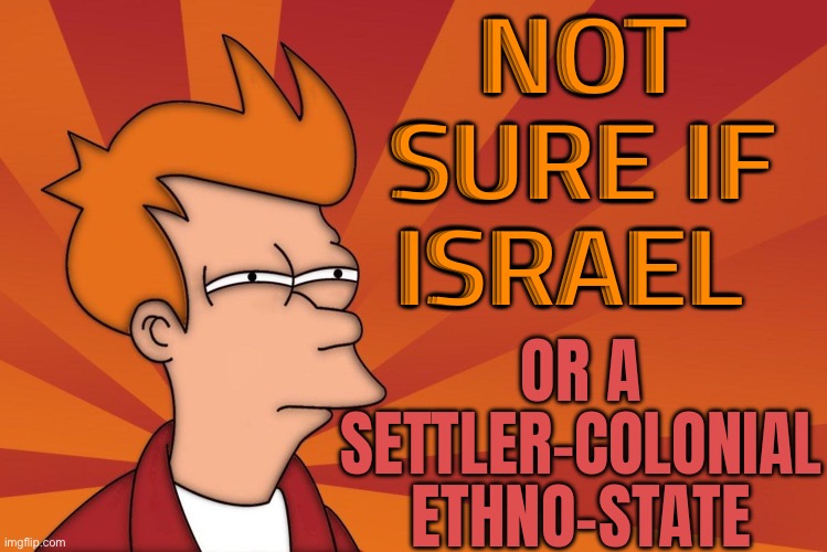 Is Israel a Settler Colonial State? | NOT SURE IF ISRAEL; OR A SETTLER-COLONIAL ETHNO-STATE | image tagged in futurama fry 'not sure if' meme,israel,israel jews,palestine,islam,islamophobia | made w/ Imgflip meme maker