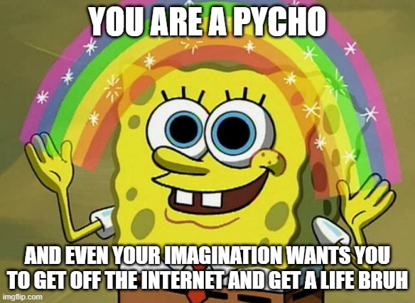 Imagination Spongebob Meme | YOU ARE A PYCHO; AND EVEN YOUR IMAGINATION WANTS YOU TO GET OFF THE INTERNET AND GET A LIFE BRUH | image tagged in memes,imagination spongebob | made w/ Imgflip meme maker