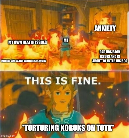 Yeah, everything’s ok…. | ANXIETY; MY OWN HEALTH ISSUES; ME; DAD HAS BACK ISSUES AND IS ABOUT TO ENTER HIS 50S; MOM HAS  LUNG CANCER DESPITE NEVER SMOKING; *TORTURING KOROKS ON TOTK* | image tagged in this is fine link,life | made w/ Imgflip meme maker