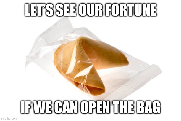 I swear these things are so hard to open | LET’S SEE OUR FORTUNE; IF WE CAN OPEN THE BAG | image tagged in fortune cookie,memes | made w/ Imgflip meme maker