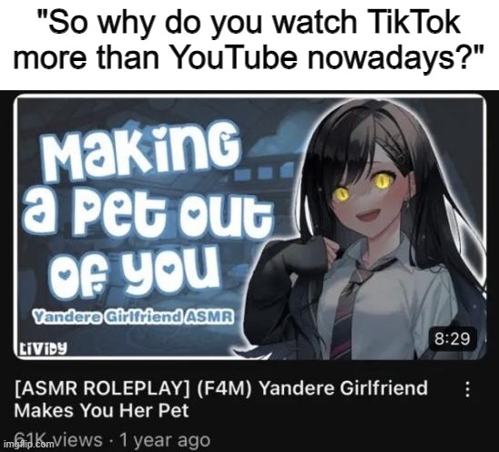 Oh well, I gotta let people have fun in their own way. This shit just isn't for me. | "So why do you watch TikTok more than YouTube nowadays?" | made w/ Imgflip meme maker