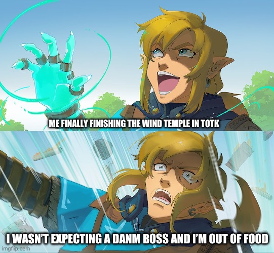 ‘‘Twas not expecting that | ME FINALLY FINISHING THE WIND TEMPLE IN TOTK; I WASN’T EXPECTING A DANM BOSS AND I’M OUT OF FOOD | image tagged in link genius,totk,legend of zelda | made w/ Imgflip meme maker