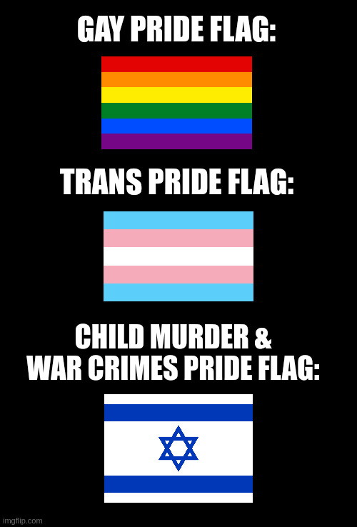 pride | GAY PRIDE FLAG:; TRANS PRIDE FLAG:; CHILD MURDER & WAR CRIMES PRIDE FLAG: | image tagged in blank black | made w/ Imgflip meme maker