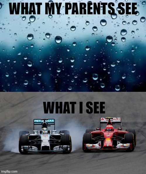 my childhood | WHAT MY PARENTS SEE; WHAT I SEE | image tagged in raindrops,racing | made w/ Imgflip meme maker