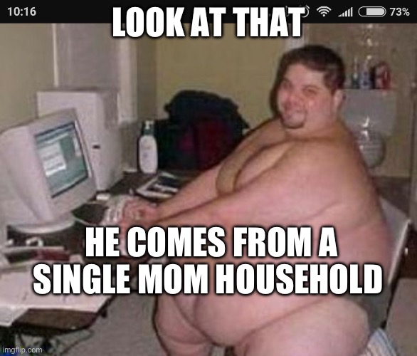 Single mother household | LOOK AT THAT; HE COMES FROM A SINGLE MOM HOUSEHOLD | image tagged in fat man at work | made w/ Imgflip meme maker