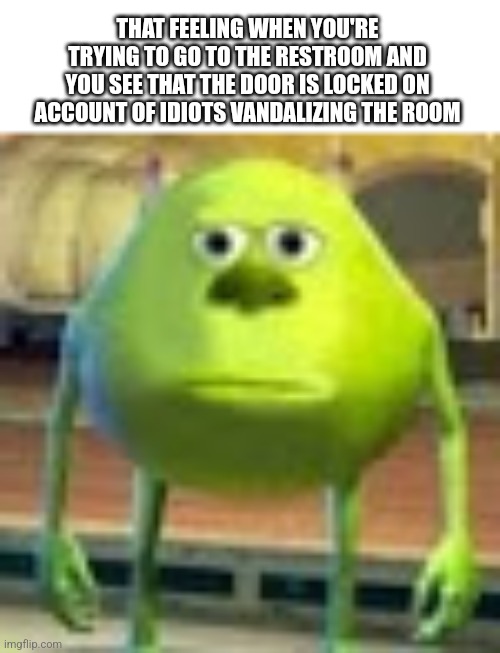 Every single fudging time | THAT FEELING WHEN YOU'RE TRYING TO GO TO THE RESTROOM AND YOU SEE THAT THE DOOR IS LOCKED ON ACCOUNT OF IDIOTS VANDALIZING THE ROOM | image tagged in sully wazowski | made w/ Imgflip meme maker