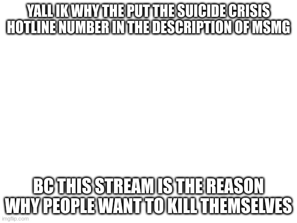 YALL IK WHY THE PUT THE SUICIDE CRISIS HOTLINE NUMBER IN THE DESCRIPTION OF MSMG; BC THIS STREAM IS THE REASON WHY PEOPLE WANT TO KILL THEMSELVES | made w/ Imgflip meme maker