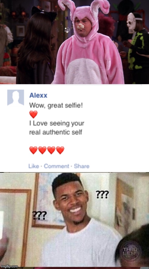 I love seeing your real authentic self creepy facebook status post | image tagged in friends chandler bunny costume halloween,authentic self praise facebook,dafuq,wtf,authentic self,facepalm | made w/ Imgflip meme maker