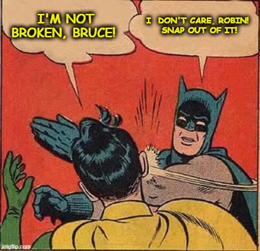 Robin With CPTSD & Batman's reaction to it. | I'M NOT BROKEN, BRUCE! I  DON'T CARE, ROBIN! 
SNAP OUT OF IT! | image tagged in memes,batman slapping robin | made w/ Imgflip meme maker