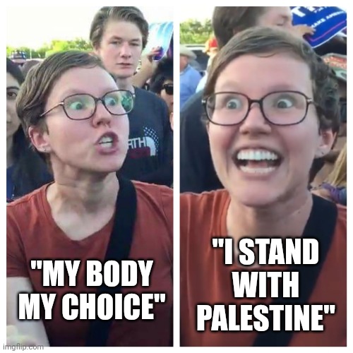 You get it right? | "I STAND WITH PALESTINE"; "MY BODY MY CHOICE" | image tagged in social justice warrior hypocrisy | made w/ Imgflip meme maker