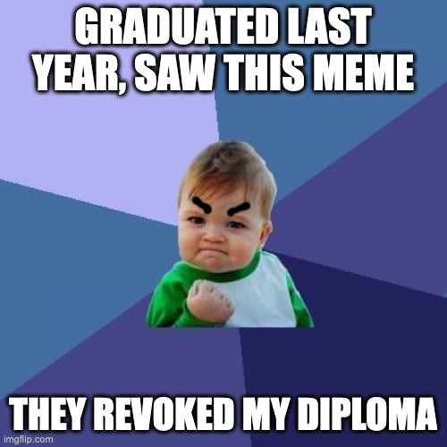 GRADUATED LAST YEAR, SAW THIS MEME THEY REVOKED MY DIPLOMA | image tagged in memes,success kid | made w/ Imgflip meme maker