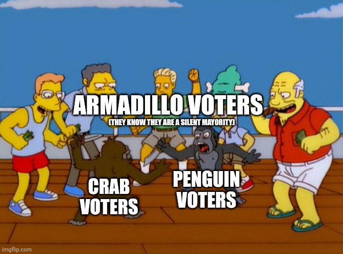 Mob Vote 2023 | ARMADILLO VOTERS; (THEY KNOW THEY ARE A SILENT MAYORITY); PENGUIN VOTERS; CRAB VOTERS | image tagged in simpsons monkey fight,minecraft,mob vote,armadillo,penguin,crab | made w/ Imgflip meme maker