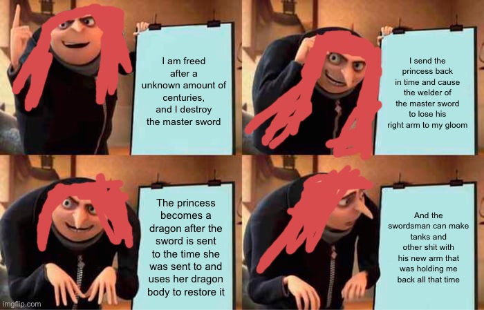 (TotK spoilers) ganondorf didn’t think it through properly… | I am freed after a unknown amount of centuries, and I destroy the master sword; I send the princess back in time and cause the welder of the master sword to lose his right arm to my gloom; The princess becomes a dragon after the sword is sent to the time she was sent to and uses her dragon body to restore it; And the swordsman can make tanks and other shit with his new arm that was holding me back all that time | image tagged in memes,gru's plan,totk,legend of zelda | made w/ Imgflip meme maker