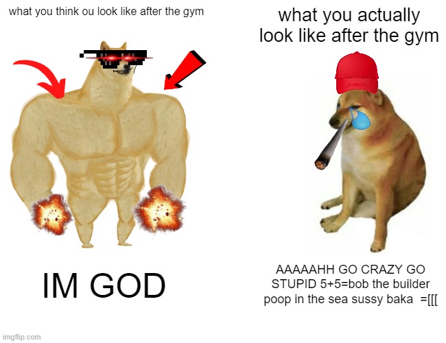 Buff Doge vs. Cheems | what you think ou look like after the gym; what you actually look like after the gym; IM GOD; AAAAAHH GO CRAZY GO STUPID 5+5=bob the builder poop in the sea sussy baka  =[[[ | image tagged in memes,buff doge vs cheems | made w/ Imgflip meme maker