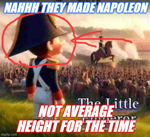 The Little Emperor | NAHHH THEY MADE NAPOLEON; NOT AVERAGE HEIGHT FOR THE TIME | image tagged in napoleon | made w/ Imgflip meme maker
