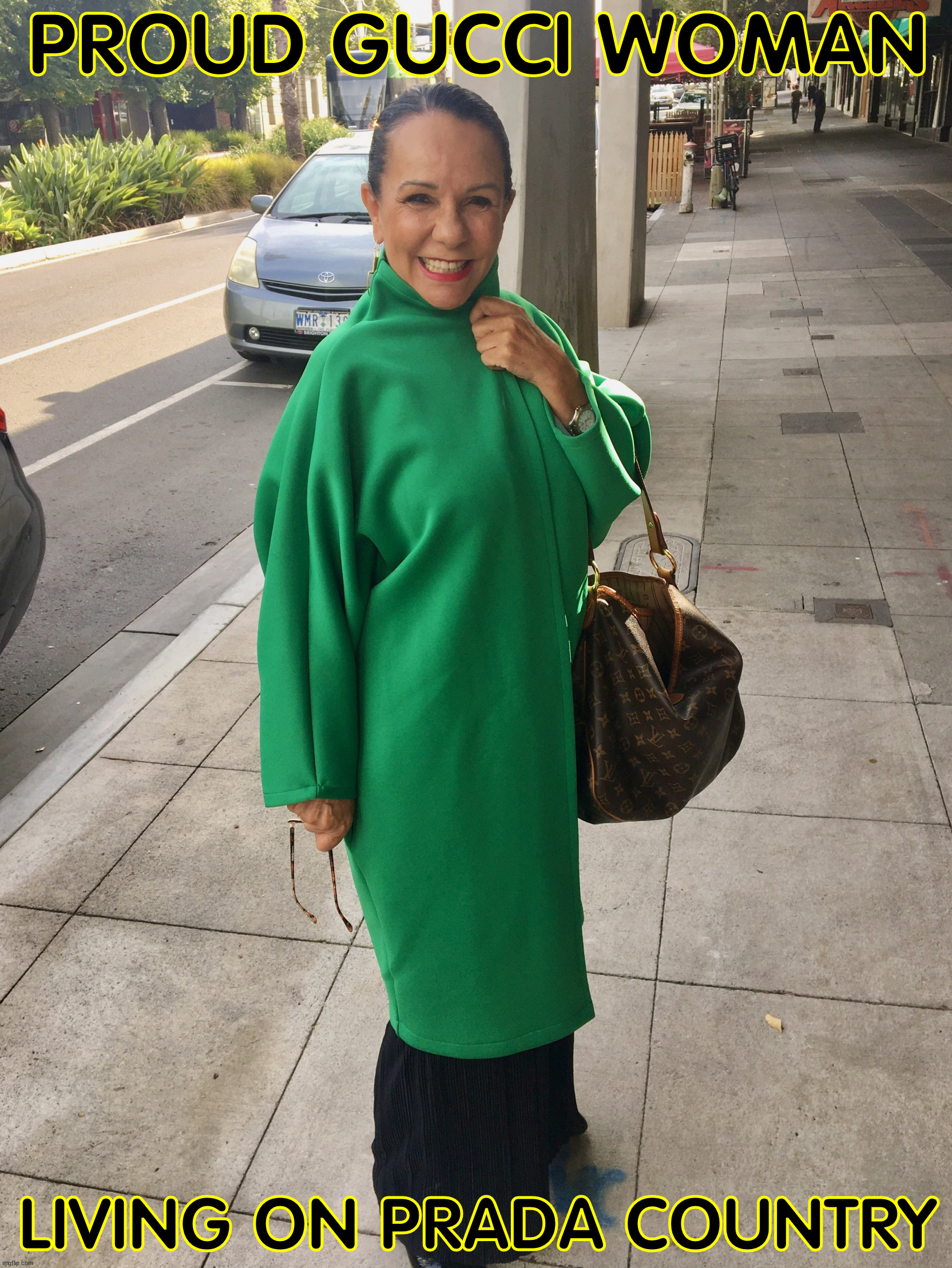Linda Burney St Patrick's Day Coat | PROUD GUCCI WOMAN; LIVING ON PRADA COUNTRY | image tagged in aborignal,woman,politicians,gucci,louis vuitton,prada | made w/ Imgflip meme maker