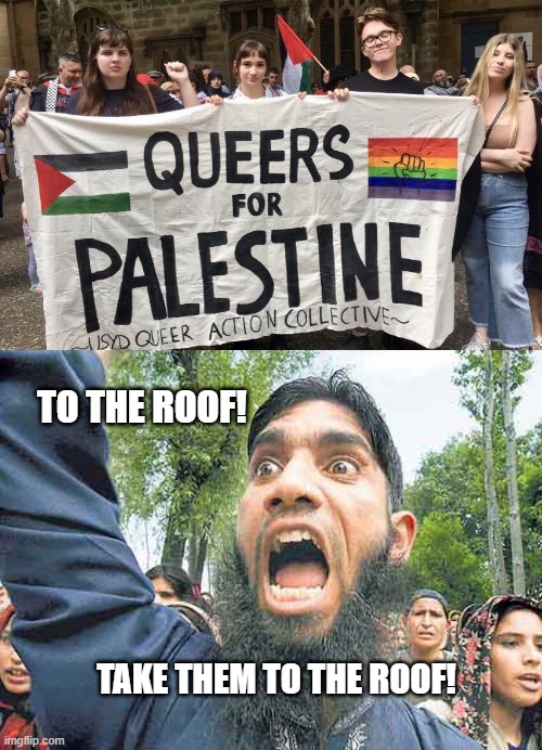 Take Them To The Roof! | TO THE ROOF! TAKE THEM TO THE ROOF! | image tagged in queers for palestine | made w/ Imgflip meme maker