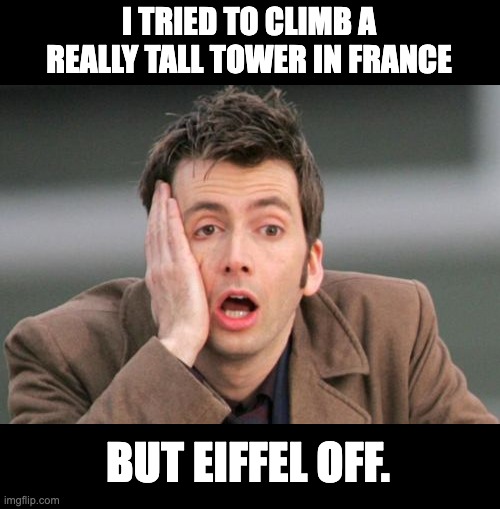 France | I TRIED TO CLIMB A REALLY TALL TOWER IN FRANCE; BUT EIFFEL OFF. | image tagged in face palm | made w/ Imgflip meme maker
