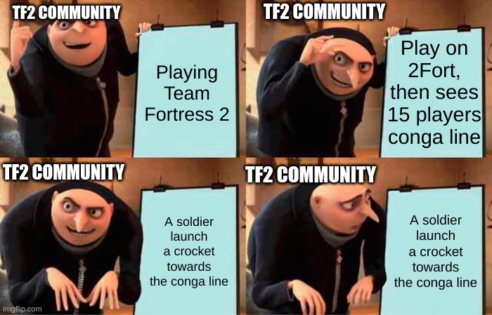Gru's Plan Meme | TF2 COMMUNITY; TF2 COMMUNITY; Play on 2Fort, then sees 15 players conga line; Playing Team Fortress 2; TF2 COMMUNITY; TF2 COMMUNITY; A soldier launch a crocket towards the conga line; A soldier launch a crocket towards the conga line | image tagged in memes,gru's plan | made w/ Imgflip meme maker