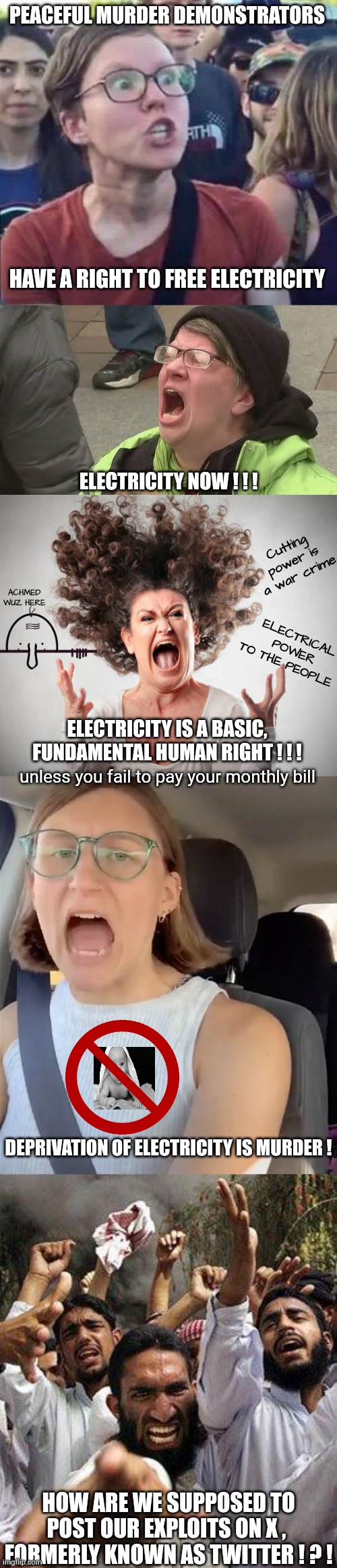 Liberal = Humanitarian | PEACEFUL MURDER DEMONSTRATORS; HAVE A RIGHT TO FREE ELECTRICITY; ELECTRICITY NOW ! ! ! Cutting power is a war crime; ACHMED WUZ HERE; ELECTRICAL POWER TO THE PEOPLE; ELECTRICITY IS A BASIC, FUNDAMENTAL HUMAN RIGHT ! ! ! unless you fail to pay your monthly bill; DEPRIVATION OF ELECTRICITY IS MURDER ! HOW ARE WE SUPPOSED TO POST OUR EXPLOITS ON X ,  FORMERLY KNOWN AS TWITTER ! ? ! | image tagged in angry liberal,love thy neighbor,angry muslim,palestine,israel,hamas | made w/ Imgflip meme maker
