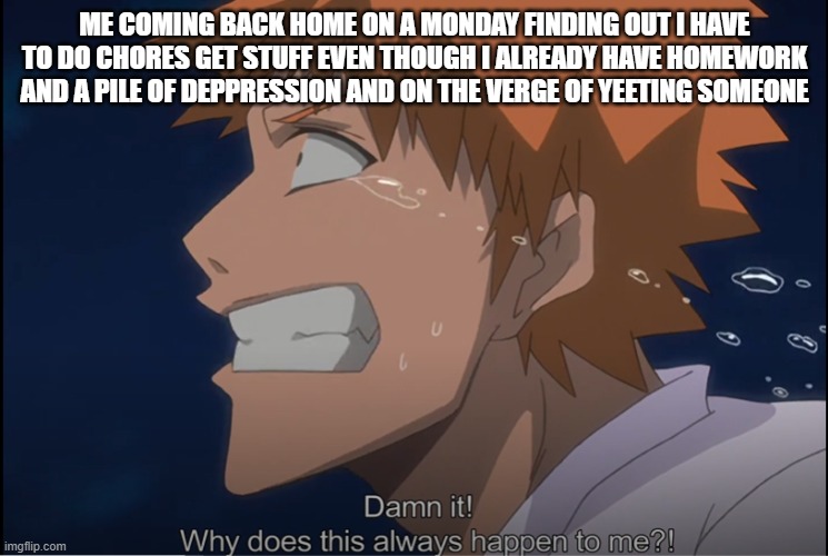yes | ME COMING BACK HOME ON A MONDAY FINDING OUT I HAVE TO DO CHORES GET STUFF EVEN THOUGH I ALREADY HAVE HOMEWORK AND A PILE OF DEPPRESSION AND ON THE VERGE OF YEETING SOMEONE | image tagged in facts,anime | made w/ Imgflip meme maker
