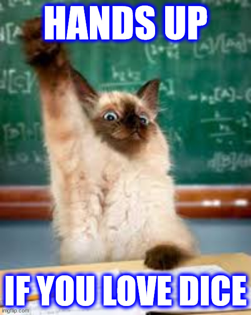 love dice | HANDS UP; IF YOU LOVE DICE | image tagged in raised hand cat | made w/ Imgflip meme maker