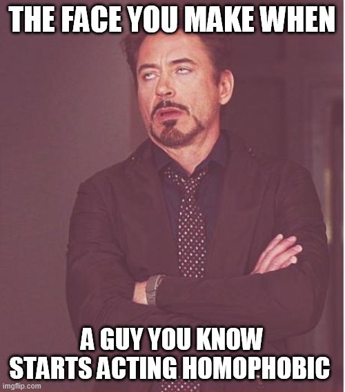 Face You Make Robert Downey Jr | THE FACE YOU MAKE WHEN; A GUY YOU KNOW STARTS ACTING HOMOPHOBIC | image tagged in memes,face you make robert downey jr | made w/ Imgflip meme maker