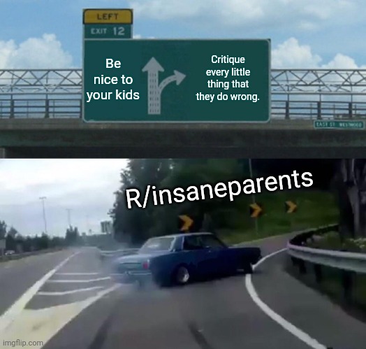 Left Exit 12 Off Ramp | Be nice to your kids; Critique every little thing that they do wrong. R/insaneparents | image tagged in memes,left exit 12 off ramp | made w/ Imgflip meme maker