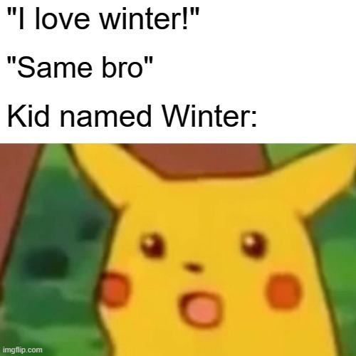 Ayo | "I love winter!"; "Same bro"; Kid named Winter: | image tagged in memes,surprised pikachu | made w/ Imgflip meme maker