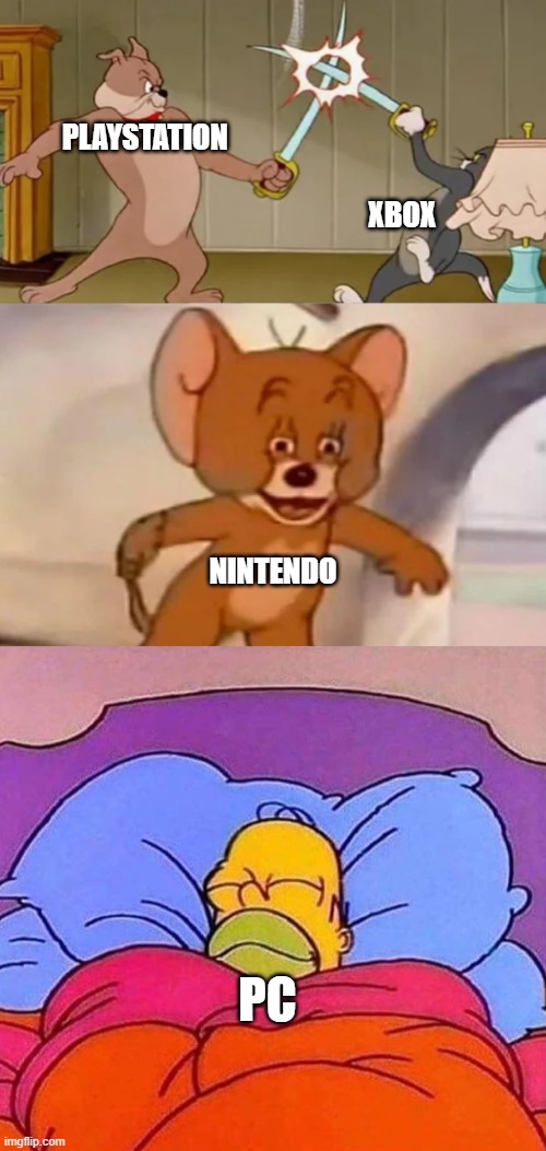 Playstation vs Xbox vs Nintendo vs PC | PLAYSTATION; XBOX; NINTENDO; PC | image tagged in tom and spike fighting,playstation,xbox,nintendo,pc,xbox vs ps4 | made w/ Imgflip meme maker