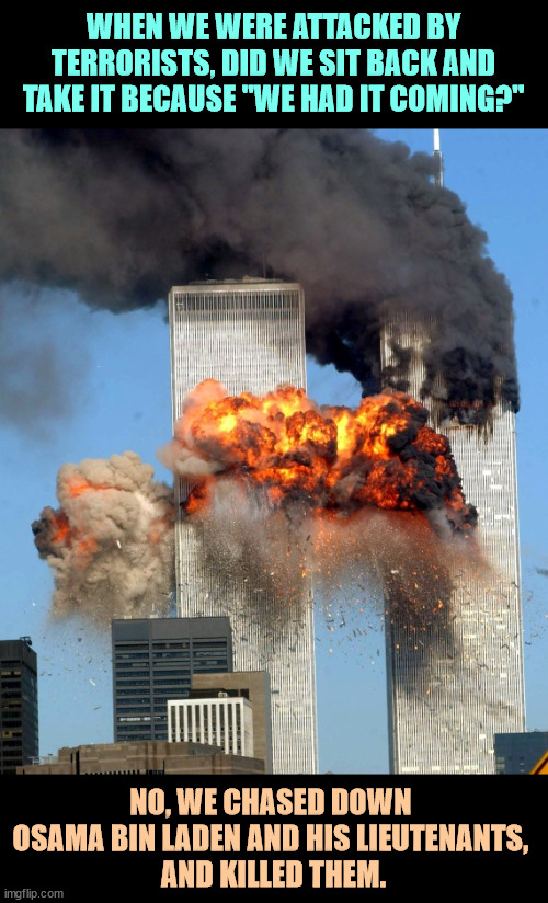 9/11 | WHEN WE WERE ATTACKED BY TERRORISTS, DID WE SIT BACK AND TAKE IT BECAUSE "WE HAD IT COMING?"; NO, WE CHASED DOWN 
OSAMA BIN LADEN AND HIS LIEUTENANTS, 
AND KILLED THEM. | image tagged in 9/11,al queda,osama bin laden,terrorists,killed | made w/ Imgflip meme maker