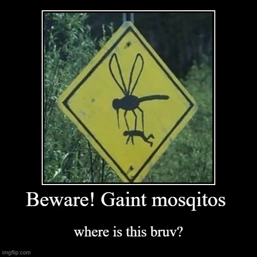 Giant mosquitoes ong | Beware! Gaint mosqitos | where is this bruv? | image tagged in funny,demotivationals,mosquitoes,yellow sign | made w/ Imgflip demotivational maker