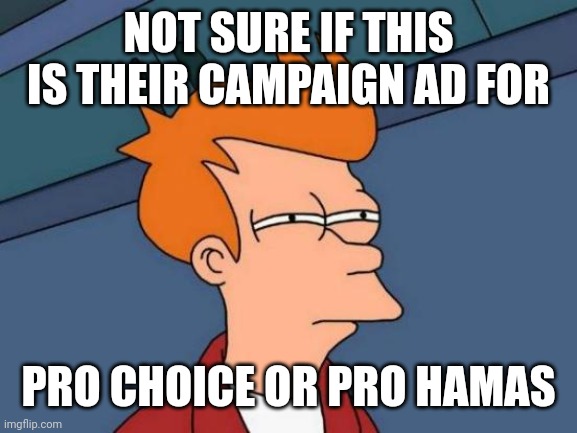 Futurama Fry Meme | NOT SURE IF THIS IS THEIR CAMPAIGN AD FOR PRO CHOICE OR PRO HAMAS | image tagged in memes,futurama fry | made w/ Imgflip meme maker