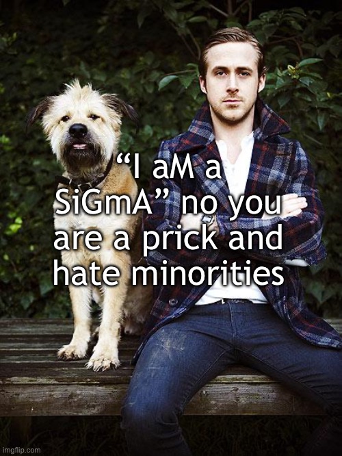 Ryan Gosling dog | “I aM a SiGmA” no you are a prick and hate minorities | image tagged in ryan gosling dog | made w/ Imgflip meme maker