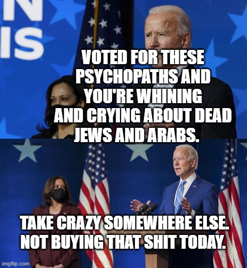 Joe Biden and Kamala Harris | VOTED FOR THESE PSYCHOPATHS AND YOU'RE WHINING AND CRYING ABOUT DEAD JEWS AND ARABS. TAKE CRAZY SOMEWHERE ELSE. NOT BUYING THAT SHIT TODAY. | image tagged in joe biden and kamala harris | made w/ Imgflip meme maker