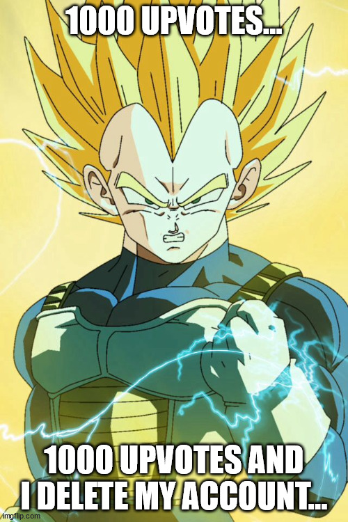 imgflip has been boring recently to be honest | 1000 UPVOTES... 1000 UPVOTES AND I DELETE MY ACCOUNT... | image tagged in super saiyan vegeta | made w/ Imgflip meme maker