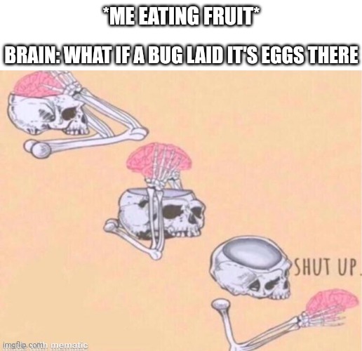New fear unlocked | *ME EATING FRUIT*; BRAIN: WHAT IF A BUG LAID IT'S EGGS THERE | image tagged in skeleton shut up meme | made w/ Imgflip meme maker