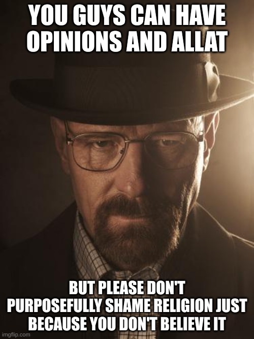 Walter White | YOU GUYS CAN HAVE OPINIONS AND ALLAT; BUT PLEASE DON'T PURPOSEFULLY SHAME RELIGION JUST BECAUSE YOU DON'T BELIEVE IT | image tagged in walter white | made w/ Imgflip meme maker