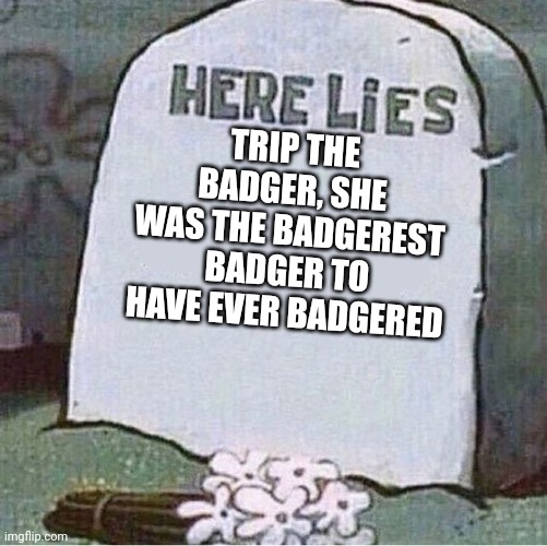 Fun ahh meme ik | TRIP THE BADGER, SHE WAS THE BADGEREST BADGER TO HAVE EVER BADGERED | image tagged in here lies spongebob tombstone | made w/ Imgflip meme maker