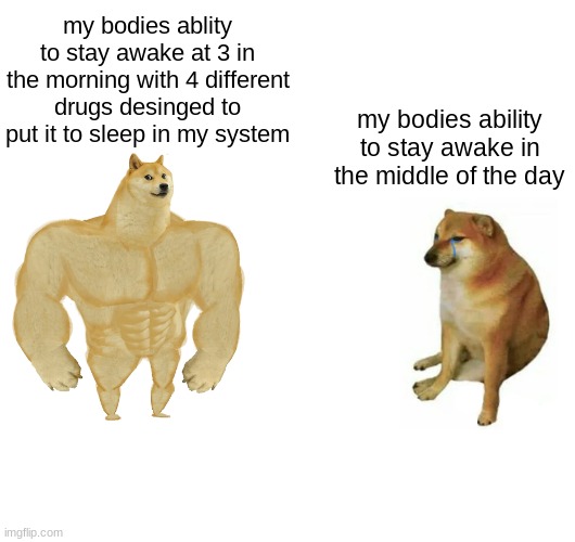insomnia | my bodies ablity to stay awake at 3 in the morning with 4 different drugs desinged to put it to sleep in my system; my bodies ability to stay awake in the middle of the day | image tagged in blank white template,memes,buff doge vs cheems,insomnia,funny,funny memes | made w/ Imgflip meme maker
