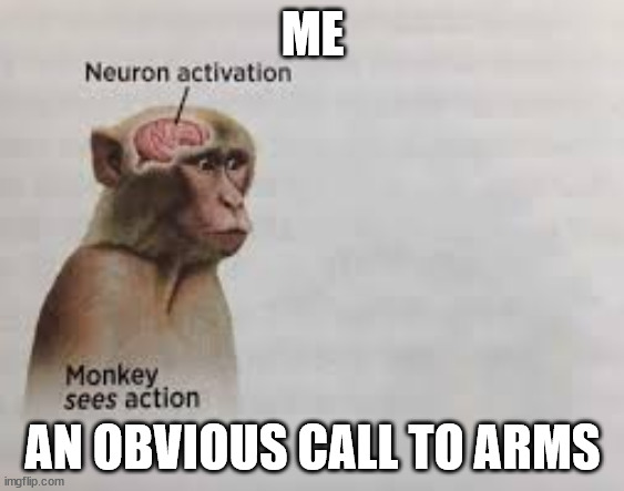 Neuron activation | ME AN OBVIOUS CALL TO ARMS | image tagged in neuron activation | made w/ Imgflip meme maker
