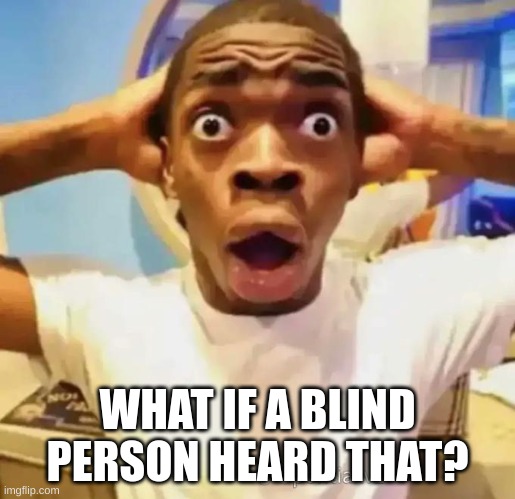 Shocked black guy | WHAT IF A BLIND PERSON HEARD THAT? | image tagged in shocked black guy | made w/ Imgflip meme maker