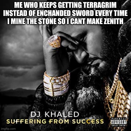 dj khaled suffering from success meme | ME WHO KEEPS GETTING TERRAGRIM INSTEAD OF ENCHANDED SWORD EVERY TIME I MINE THE STONE SO I CANT MAKE ZENITH | image tagged in dj khaled suffering from success meme | made w/ Imgflip meme maker